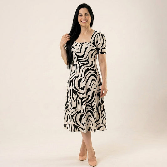 Vestido Midi Estampado 100% Tecido Leve Estilo Elegante - Crystal Modas