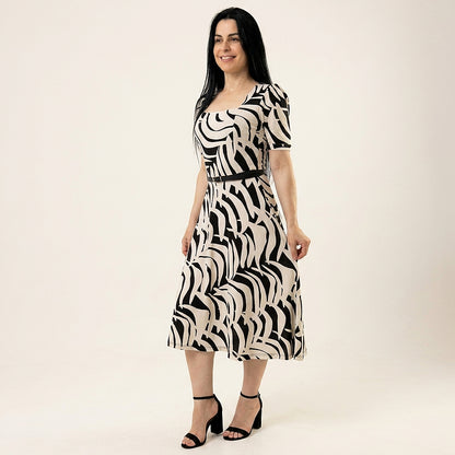 Vestido Midi Estampado 100% Tecido Leve Estilo Elegante - Crystal Modas