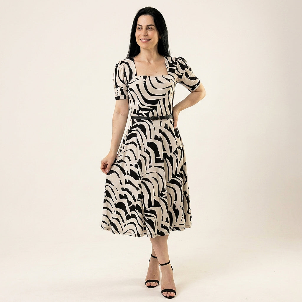 Vestido Midi Estampado 100% Tecido Leve Estilo Elegante - Crystal Modas