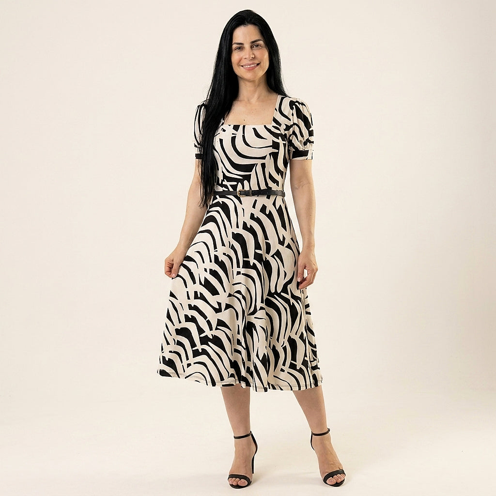 Vestido Midi Estampado 100% Tecido Leve Estilo Elegante - Crystal Modas
