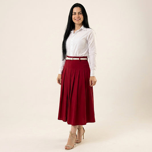 Saia Midi Feminina Com Pregas Forrada em Tecido Leve Estilo Modesto - Crystal Modas