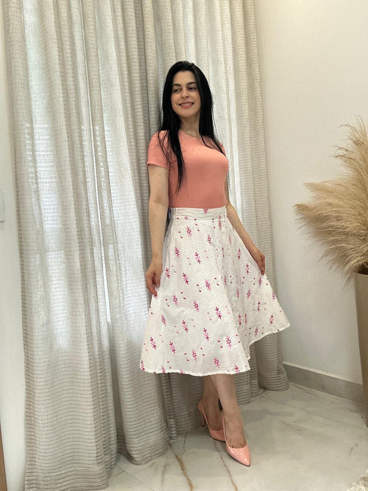 Saia Midi Franzida Estampada Estilo Modesto - Crystal Modas
