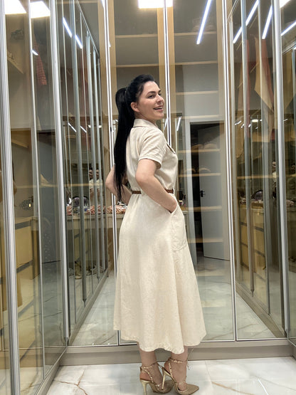 Vestido Midi em Linho Misto com Botões e Gola Colarinho - Crystal Modas
