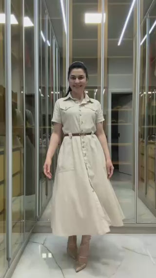 Vestido Midi em Linho Misto com Botões e Gola Colarinho - Crystal Modas